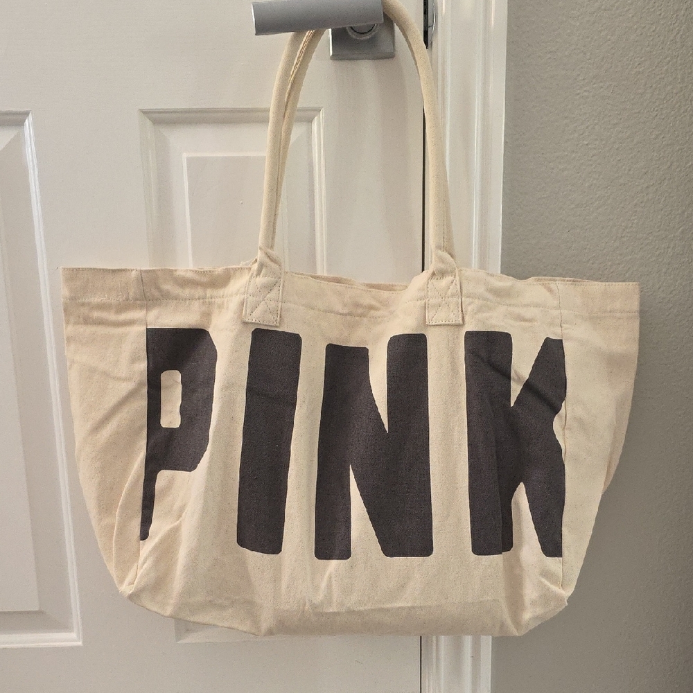NEW - PINK Victoria's Secret Canvas Tote - Natural Cream and Black